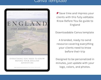 Consejos para viajar a Inglaterra / Plantilla de guía de viaje para agencias de viajes / Recurso personalizable para clientes (Canva editable, descarga digital)