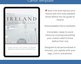 Guía de viaje para agencias de viajes / Plantilla de guía de viaje para Irlanda / Recurso personalizable para clientes (Canva editable, descarga digital)