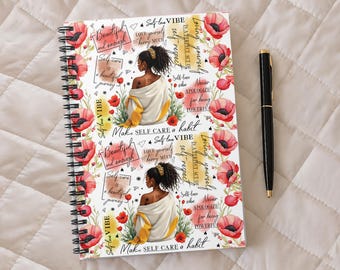 Quaderno a spirale con parole di affermazione dell'amore per se stessi, ragazza afroamericana, ragazza nera, fiori acquerellati