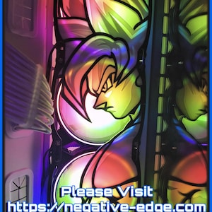 May include: A computer case with a vibrant anime-style graphic. The image shows a character with spiky yellow hair and a determined expression. The case has a blue border and text that reads "Please Visit https://negative-edge.com for more info and items."