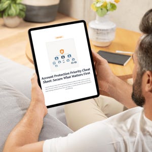 以下が含まれることがあります： Account Protection Priority Cheat Sheet: Secure What Matters Firstというタイトルの文書を表示する黒いタブレット。画面には上部に盾のアイコンがあり、その下に青とグレーのユーザーアイコンとデバイスアイコンが配置された階層図が表示されています。