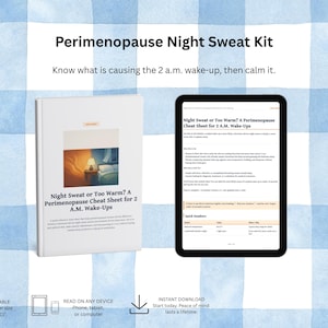 Può includere: Un kit per le sudorazioni notturne in perimenopausa con una copertina bianca e uno schermo di tablet che mostra un foglio intitolato Night Sweat or Too Warm? A Perimenopause Cheat Sheet for 2 A.M. Wake-Ups, formato 21,59 x 27,94 cm.