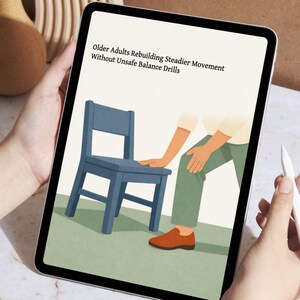 以下が含まれることがあります： タブレットの画面には、青い椅子の横に立っている人物のイラストと、Older Adults Rebuilding Steadier Movement Without Unsafe Balance Drillsというテキストが表示されています。人物は明るい色のズボンと茶色の靴を履いています。
