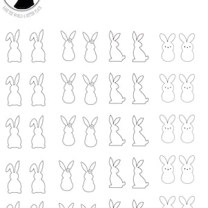 May include: A sheet of 20 royal icing transfer sheets featuring bunny designs. The bunnies are in various poses, some with flowers on their heads. The sheets are white with black outlines.