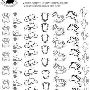 Op de afbeelding: Een vel met royal icing overdracht vellen met afbeeldingen van cowboylaarzen, hoeden, rompers, schommelpaarden en cactussen. De tekst "MADE BY KAREN" staat bovenaan het vel. De tekst "USE EDIBLE MARKERS TO ADD IN DETAILS ONCE ROYAL ICING IS DRY." en "COW PRINT ON THE CLOTHING WOULD MAKE THIS SET COMPLETE." staan onder de afbeeldingen.