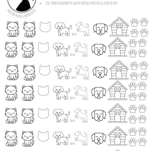 以下が含まれることがあります： 猫、犬、骨、犬小屋、足跡の輪郭を白黒で描いたイラスト。画像の上部に「Made by Karen」と「Royal Icing Transfer Sheets」のテキストがあります。画像の下部に「Bake the world a better place」のテキストがあります。画像の中央に「Use edible markers to add in details once royal icing is dry.」のテキストがあります。