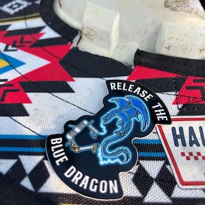 May include: A black and blue enamel pin with the text "Release the Blue Dragon." The pin features a blue dragon illustration with a lightning bolt design. The pin is on a hat with a geometric pattern.