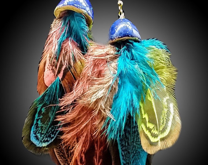 One-of-a-kind Summer of love polymer clay asymmetrical feathers earrings