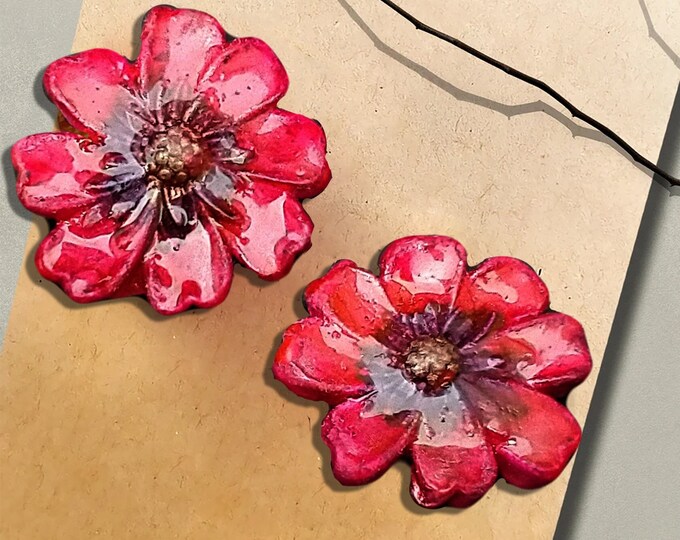 One-of-kind flaming flowers polymer clay studs