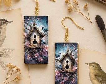 Birdhouse Dangle Earrings – Botanical Spring Floral Jewelry