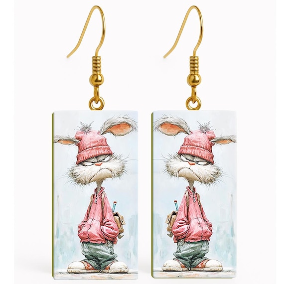 Funny Bunny Character Earrings • Cartoon Illustration • Lightweight Statement Jewelry