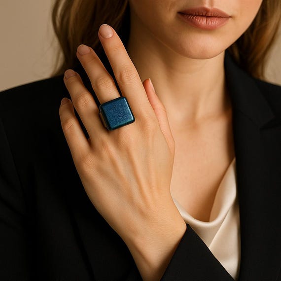Bold Square Statement Ring – Glazed Navy Blue Dome with Adjustable Band