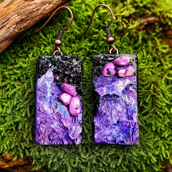 Handmade Purple Statement Earrings – Polymer Clay with Crystal Texture and Gemstone Accents