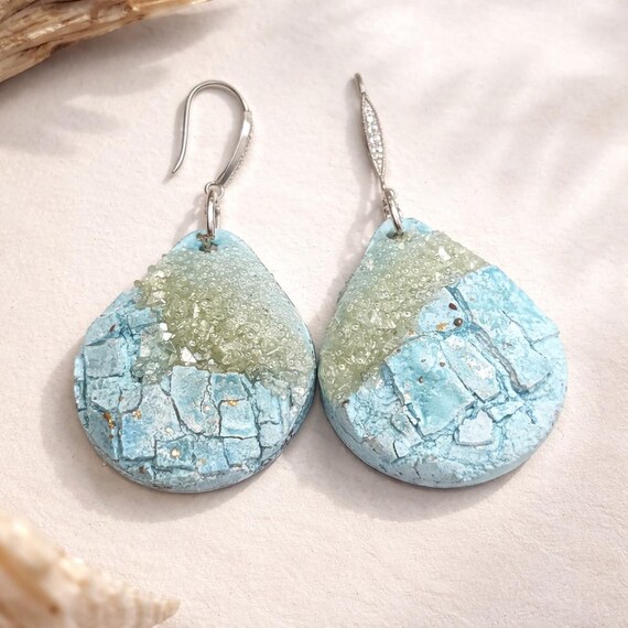 Handmade Artisan Teardrop Earrings – Textured Ice Blue & Crystal Finish | One-of-a-Kind Statement Jewelry