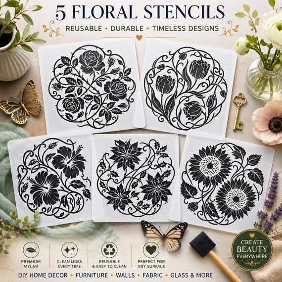 Floral Stencil Set of 5 | Reusable Mylar Painting Stencils | Botanical Craft Templates for Furniture, Walls, Fabric, Wood & Glass