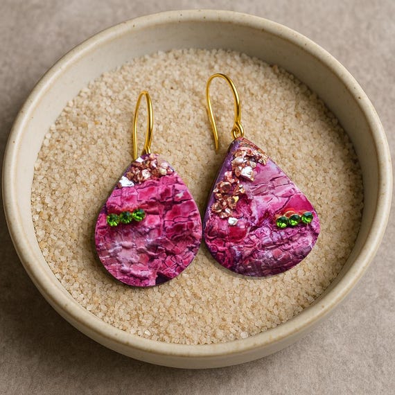 One-of-a-Kind Artisan Teardrop Earrings – Pink and Magenta Crackled Texture with Pink crashed glass, Golden Accents & Green Gem Details