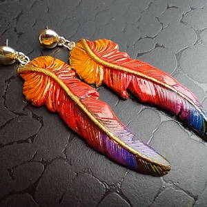 One-of-a-kind Summer of love polymer clay asymmetrical feathers earrings