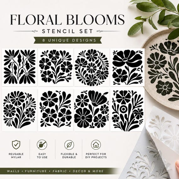 Boho Floral Blooms Stencil Set of 8 | Reusable Mylar Flower Stencils | Folk Art Botanical Templates | Furniture, Wall & Craft DIY