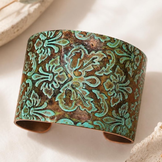 Brocade copper and patina polymer clay cuff bracelet
