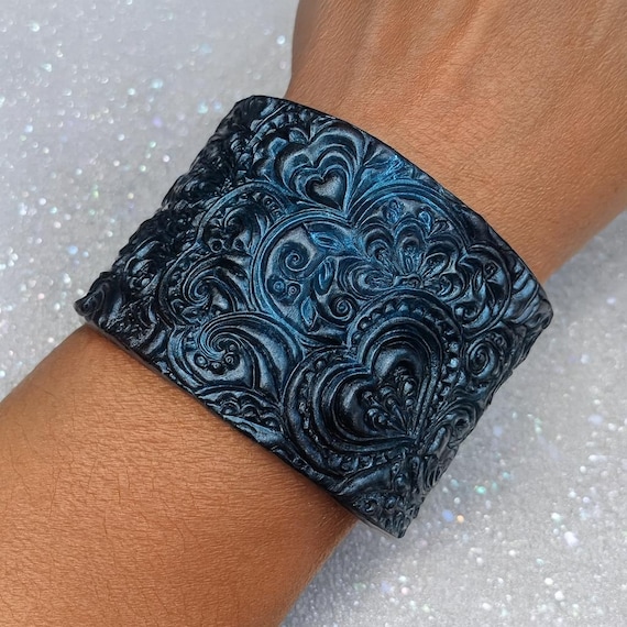 Handmade Embossed Cuff Bracelet – Metallic Teal Blue Boho Statement Jewelry – Lightweight Wide Bracelet – Artisan Textured Accessory
