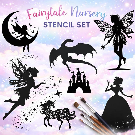 Fairytale Nursery Stencil Set – Reusable Wall Art Templates for Kids’ Rooms, Unicorn, Fairy, Castle & Dragon Designs