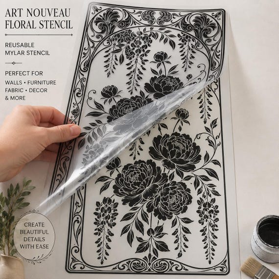 Art Nouveau Peony Stencil, Reusable Floral Mylar Wall Furniture Stencil