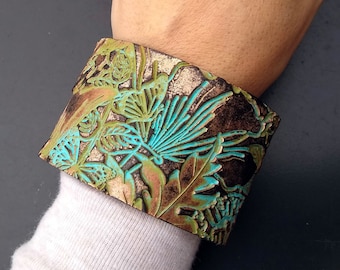 Wild Flowers meadow distressed polymer clay cuff bracelet