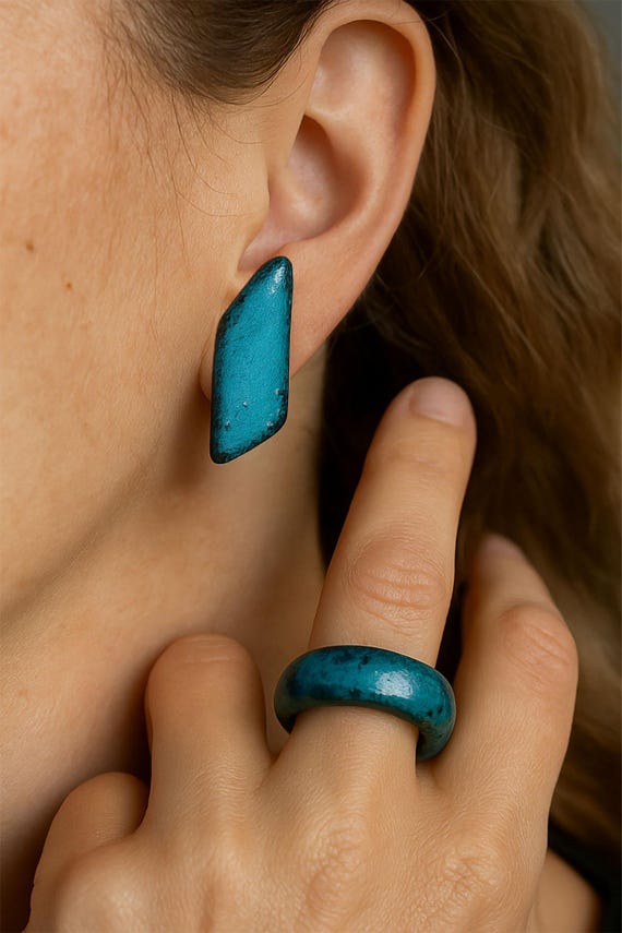 One-of-a-kind ceramic set of earrings and a ring