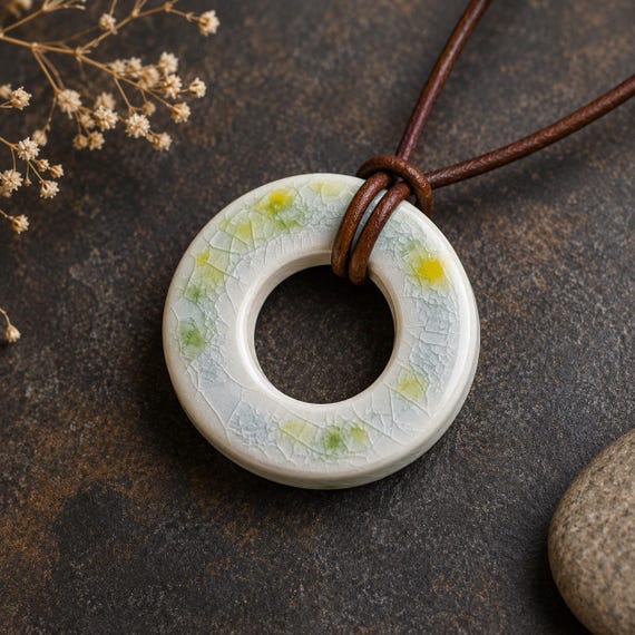 Handmade Ceramic Donut Pendant Necklace, Crackle Glaze Jewelry, Green Yellow Ceramic Pendant, Artisan Pottery Necklace, Boho Gift