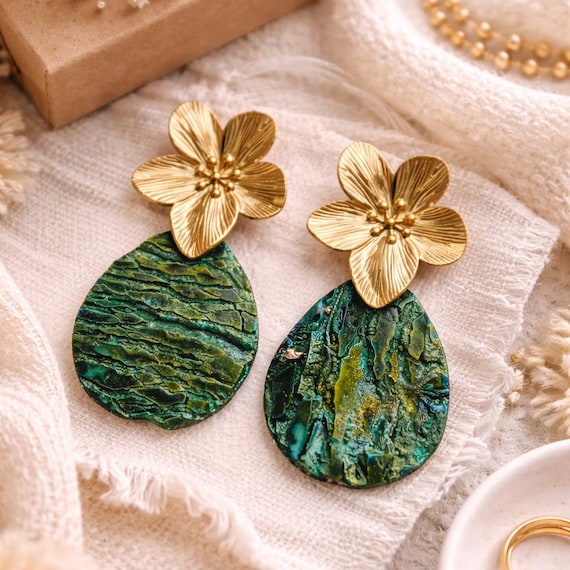 Handmade Polymer Clay Earrings · Botanical Green & Gold