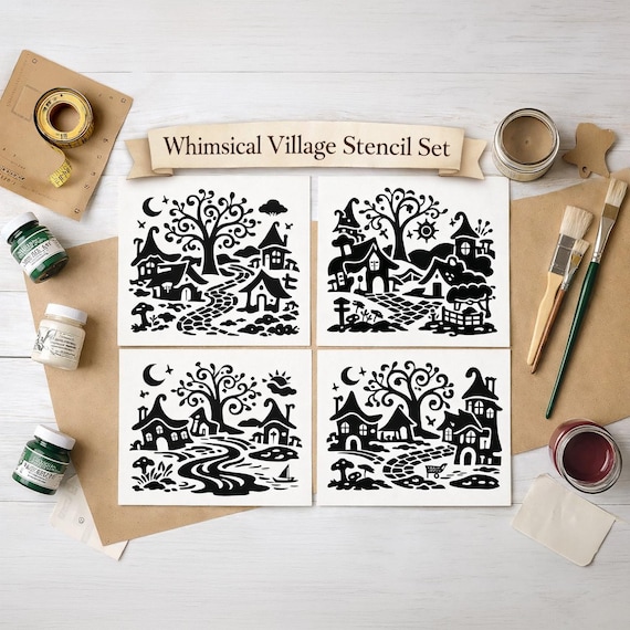 Whimsical Village Stencil Set | Cottagecore Fairy Tale Painting Reusable Stencils
