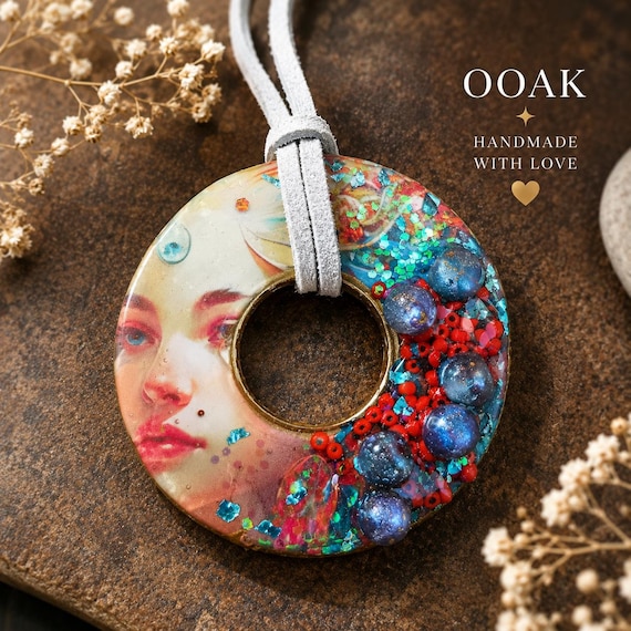 One-of-a-Kind Resin Pendant Necklace, 2 Inch Statement Pendant, Mixed Media Art Jewelry, Woman Portrait Necklace, Boho Wearable Art