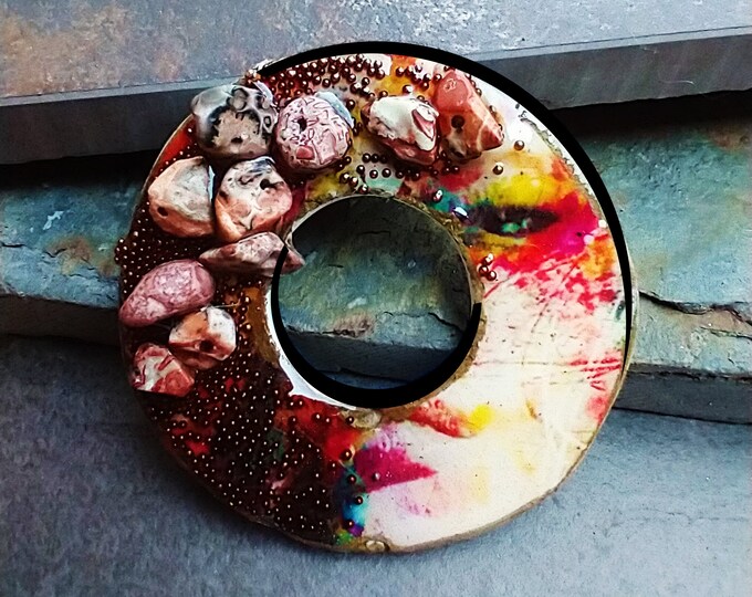 One-of-a-kind Polymer clay and mixed media pendant