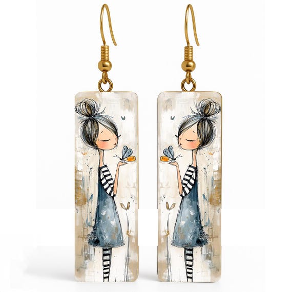 Whimsical Girl Earrings • Handmade Polymer Clay Art Earrings • Matte Finish • Gold Plated Sterling Silver