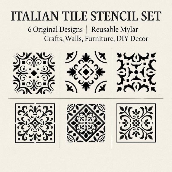 Italian Tile Stencil Set – 6 Original Designs | Reusable Mylar | Crafts, Walls, Furniture, DIY Decor