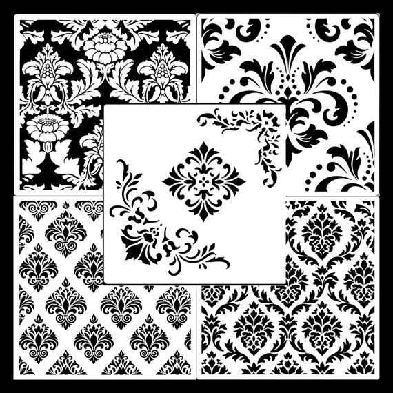 Elegant Damask Stencil Set (5 Designs) – 12x12 Reusable Mylar | Furniture, Walls, Fabric & Crafts | High-Detail Vintage Pattern Stencils