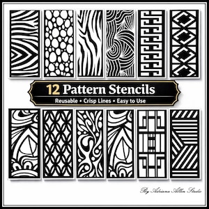 May include: A set of twelve black and white pattern stencils. Each stencil features a unique design, including geometric shapes, organic lines, and abstract patterns. The text reads "12 Pattern Stencils" and "Reusable • Crisp Lines • Easy to Use".