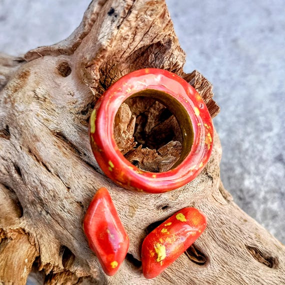 One-of-a-kind ceramic set of earrings and a ring