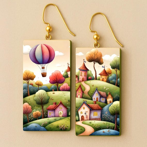 Whimsical Storybook Village Earrings – Handmade Polymer Clay Jewelry | Hot Air Balloon & Cottage Scene | Boho Gift for Dreamers