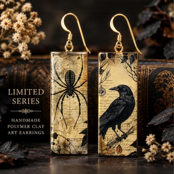 Limited Series Raven & Spider Polymer Clay Earrings, Gothic Dark Academia Jewelry