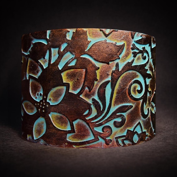 Handmade copper and bronze with patina polymer clay cuff bracelet