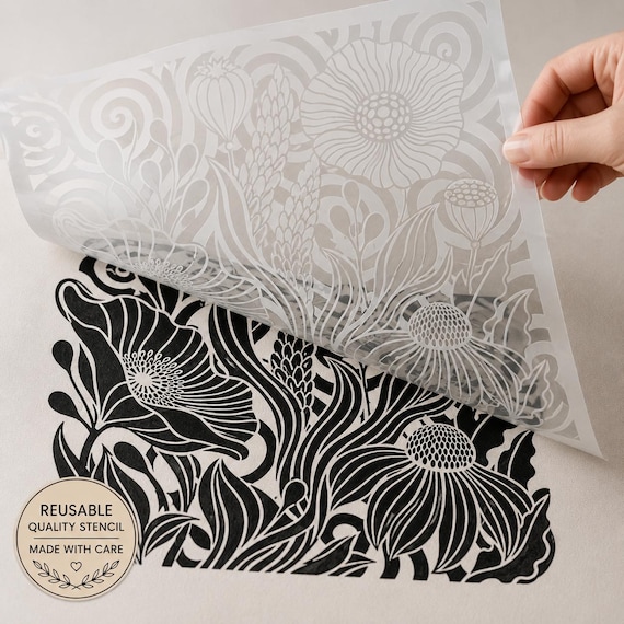 Floral Swirl Stencil | Reusable Mylar Botanical Stencil | Retro Psychedelic Flower Pattern | DIY Furniture, Wall, Fabric & Craft Painting