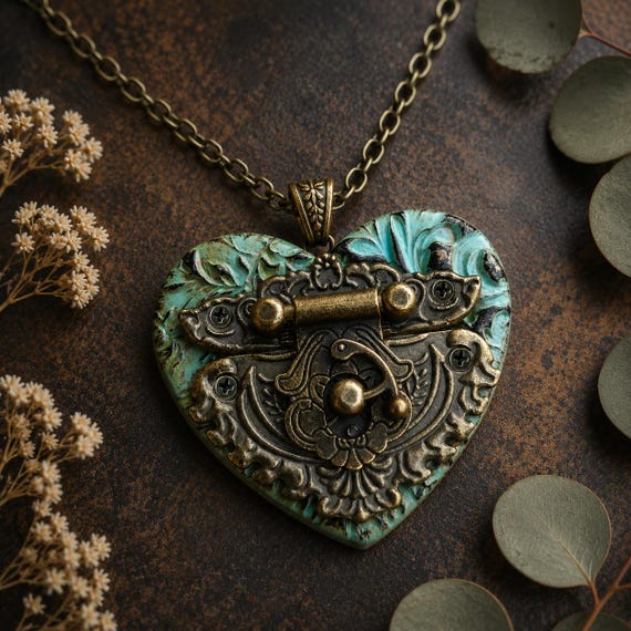 Heart Locket Pendant Necklace | Handmade Polymer Clay Necklace | Vintage Inspired Statement Jewelry | Leather Cord | Limited Series