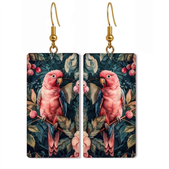 Pink Parrot Botanical Earrings • Tropical Bird Jewelry • Lightweight Statement Earrings