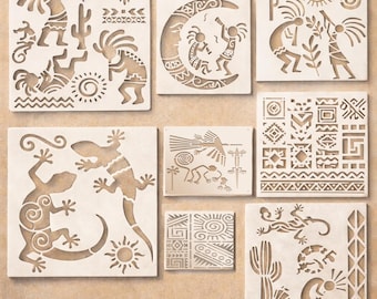 Southwest Kokopelli Stencil Set – Geckos, Cactus, Moon, Sun & Border Patterns – Reusable Craft Stencils