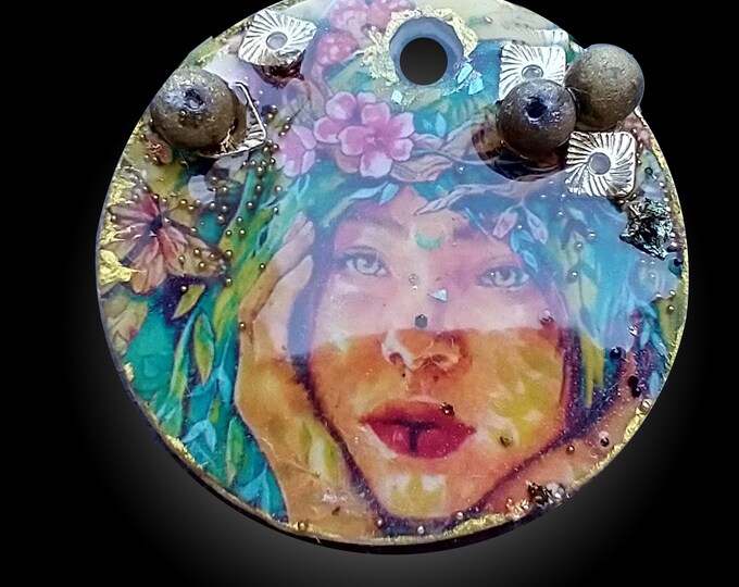 Polymer clay and mixed media pendant