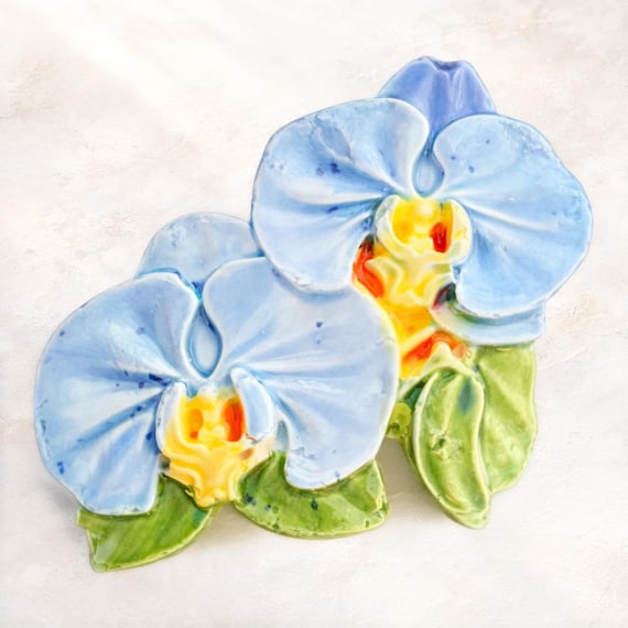 Handmade Ceramic Orchid accessory – Hand Painted Blue Floral Statement Jewelry