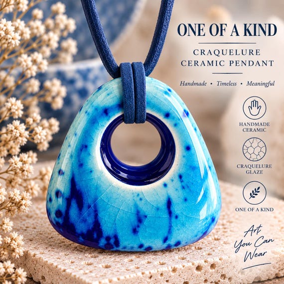 Handmade Ceramic Pendant Necklace, Craquelure Glaze, Blue Suede Cord (1.5-1.75" Wide)