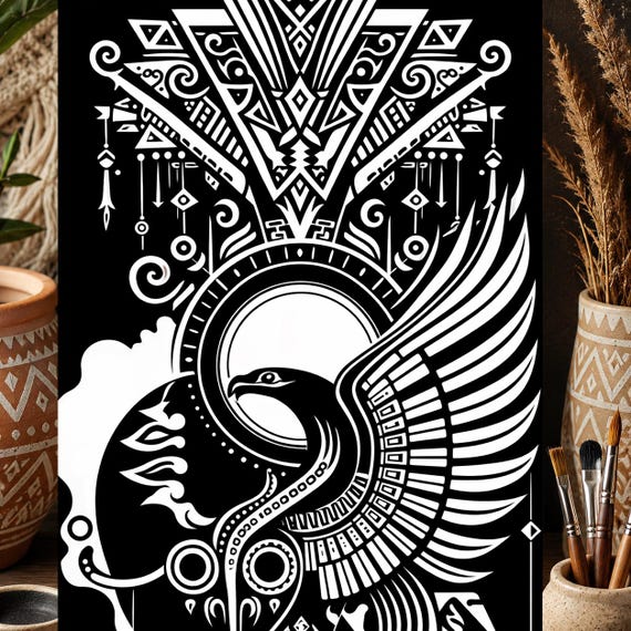 Celestial Eagle Stencil – Tribal Sun & Moon Design, Black and White Art Deco Pattern, Single Reusable Stencil for Wall or Craft