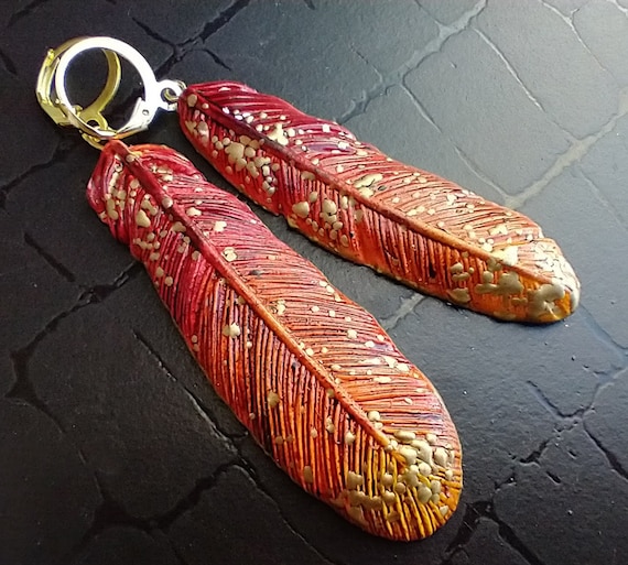 One-of-a-kind Summer of love polymer clay feathers earrings